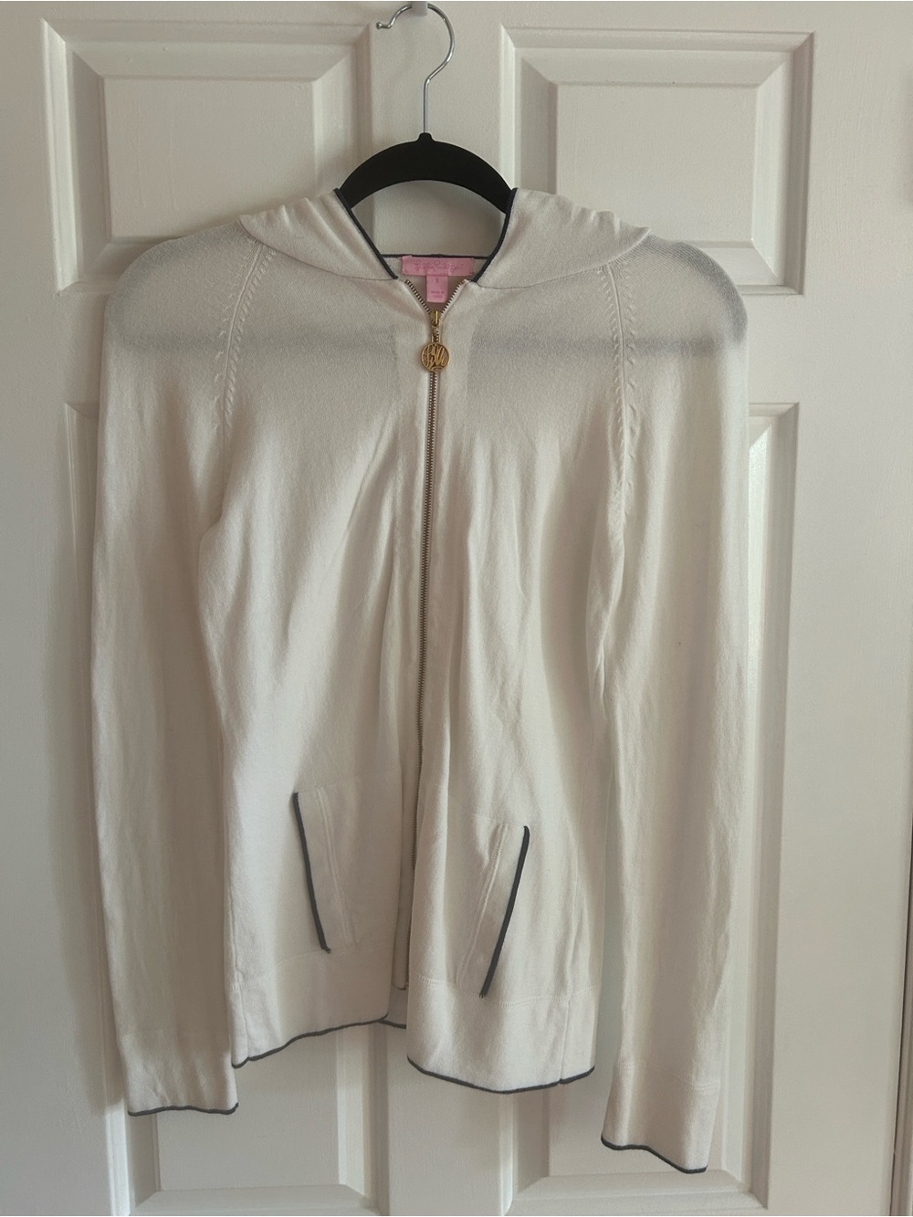 Lilly Pulitzer White Zip-Front Cardigan with Navy Trim and Slanted Pockets